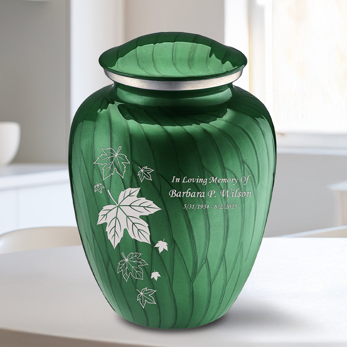 Medium Embrace Pearl Green Falling Leaves Cremation Urn