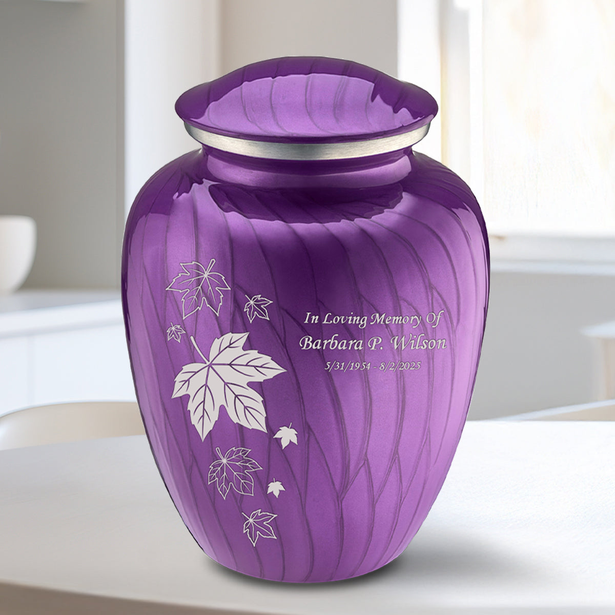 Medium Embrace Pearl Purple Falling Leaves Cremation Urn