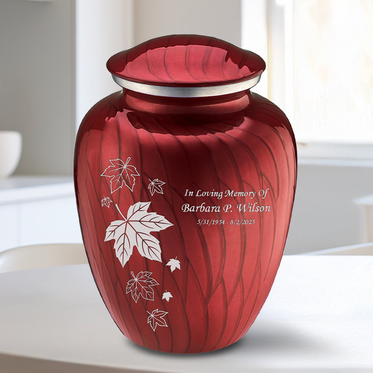 Medium Embrace Pearl Candy Red Falling Leaves Cremation Urn