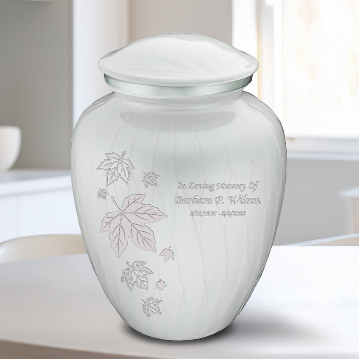 Medium Embrace Pearl White Falling Leaves Cremation Urn
