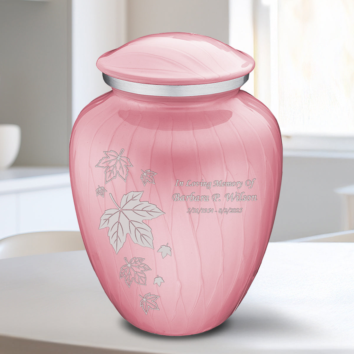 Medium Embrace Pearl Light Pink Falling Leaves Cremation Urn