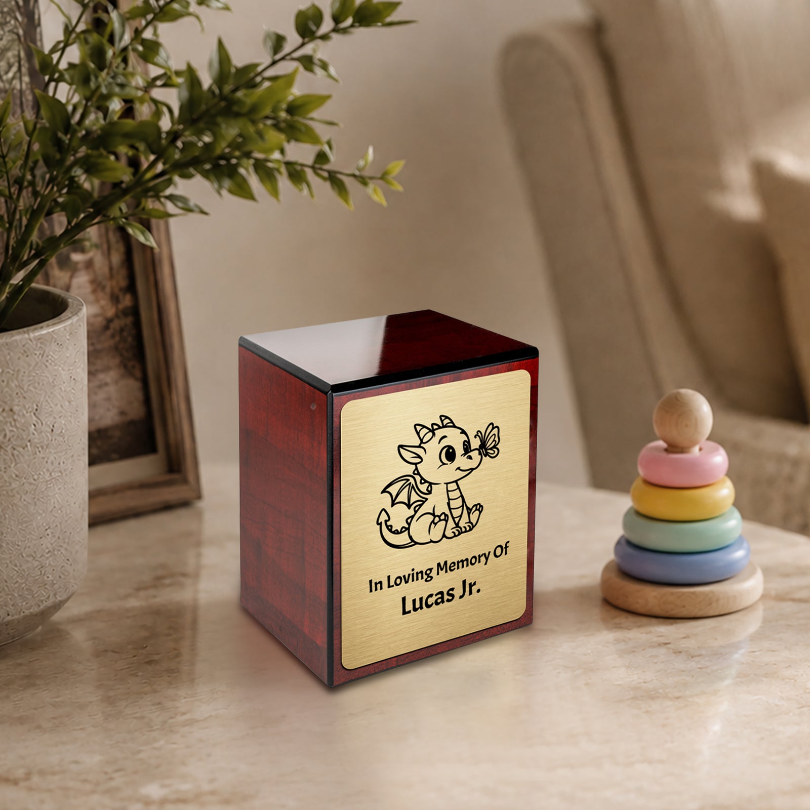 Custom Engraved Heritage Baby Dragon Cherry Small Cremation Urn Memorial Box for Ashes
