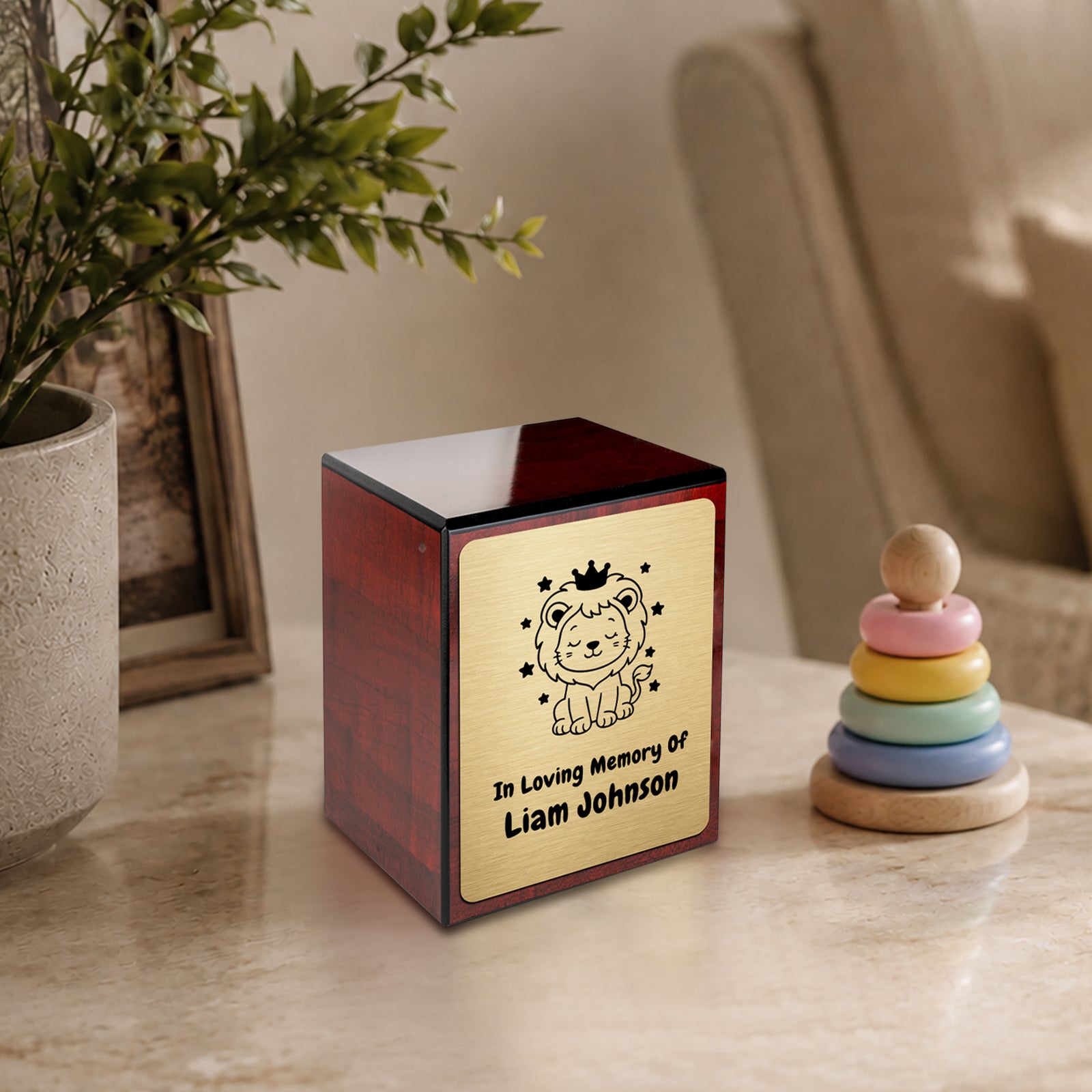Custom Engraved Heritage Baby Lion Cherry Small Cremation Urn Memorial Box for Ashes