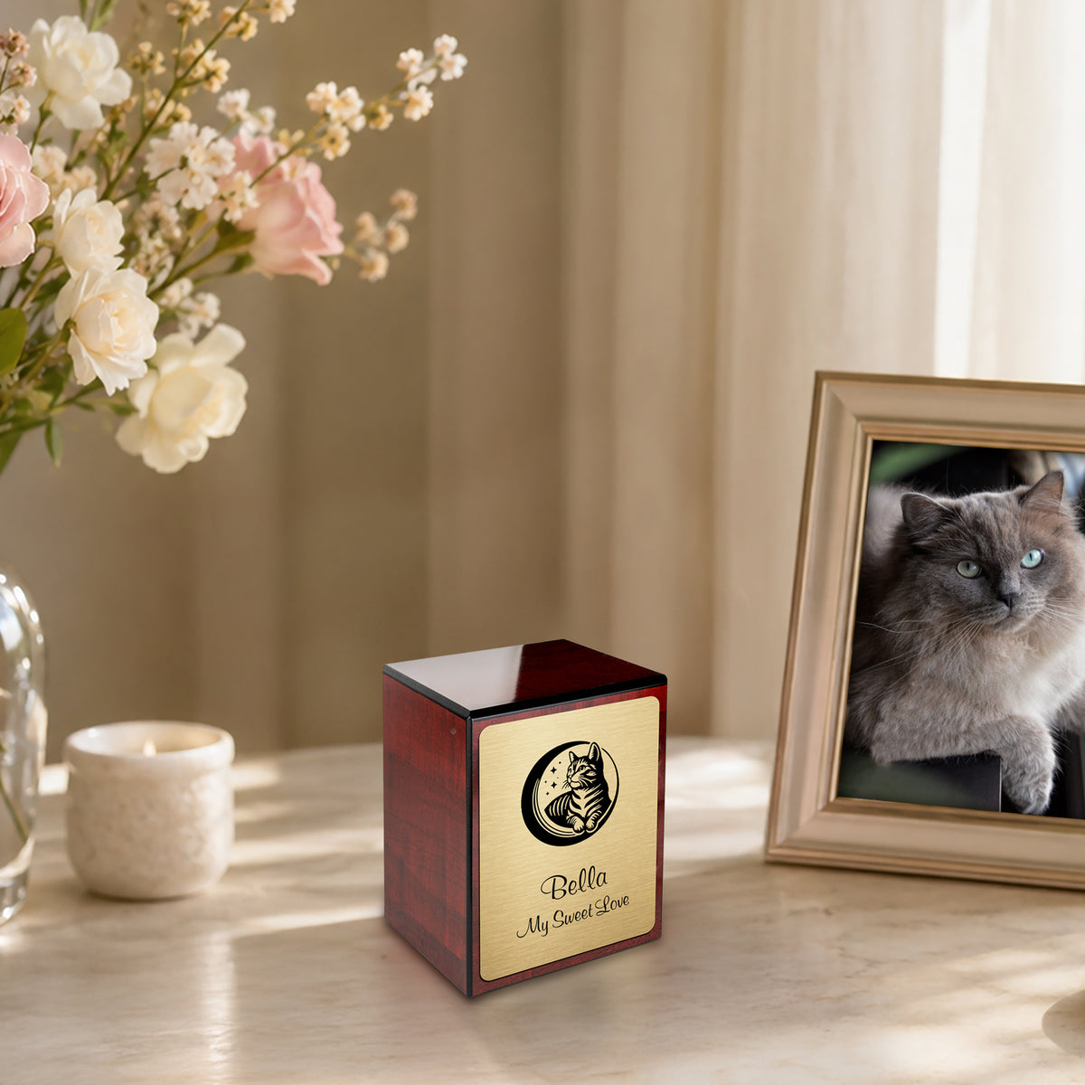Custom Engraved Heritage Cherry Cute Cat Small Pet Cremation Urn Memorial Box for Ashes