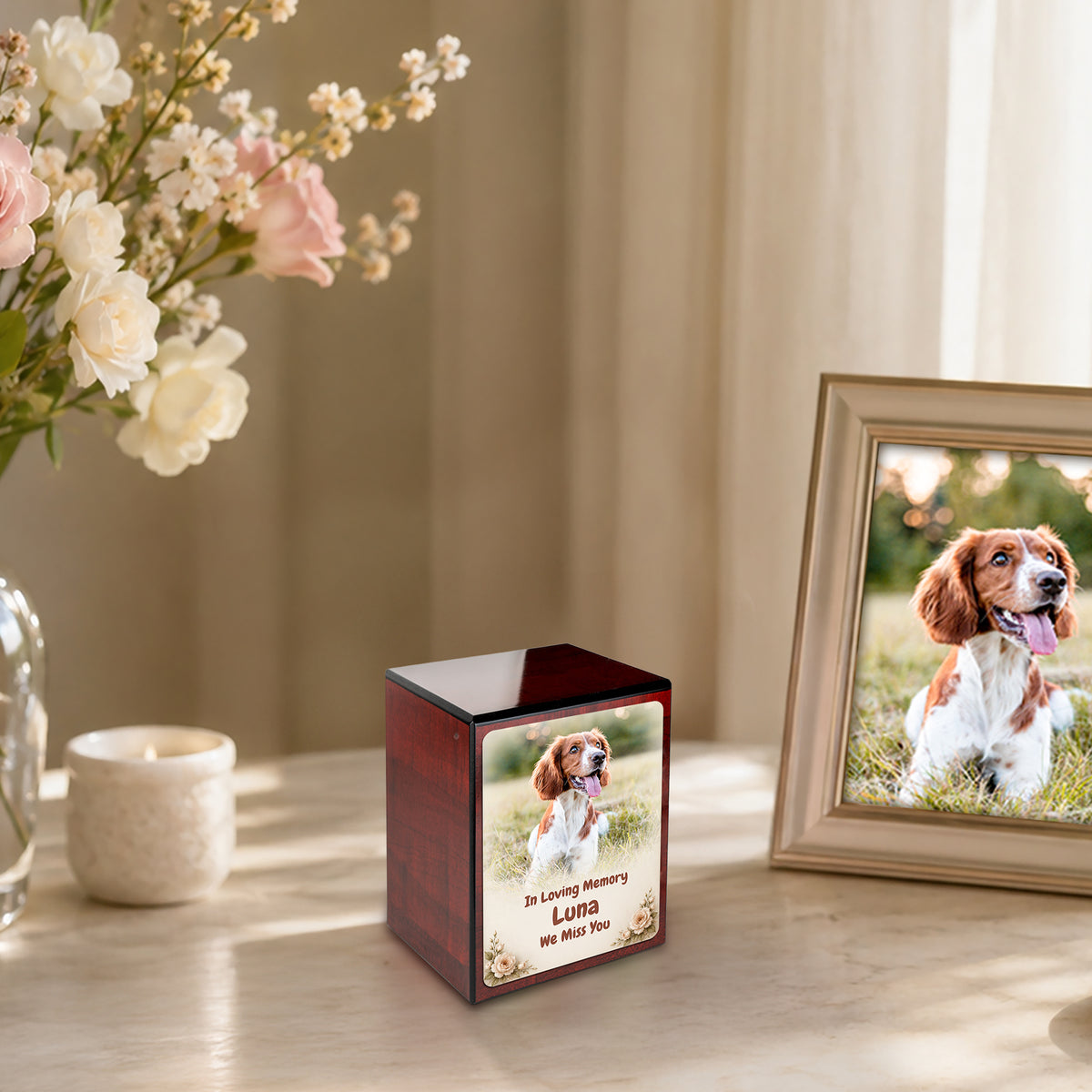 Custom Engraved Heritage Cherry Pet Photo Small Cremation Urn Memorial Box for Ashes