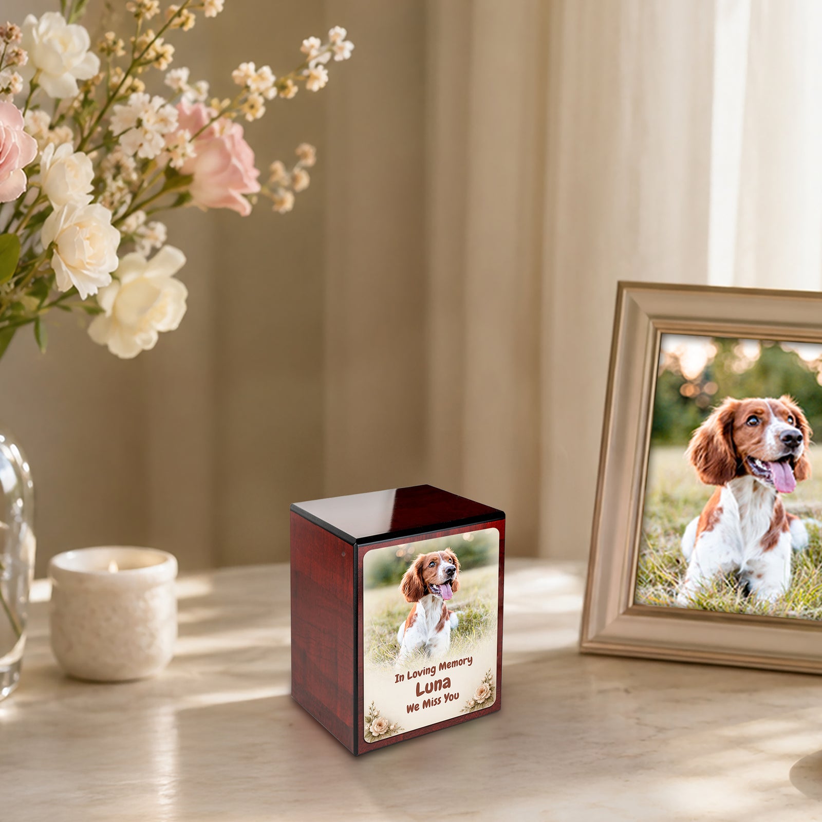 Custom Engraved Heritage Cherry Pet Photo Small Cremation Urn Memorial Box for Ashes