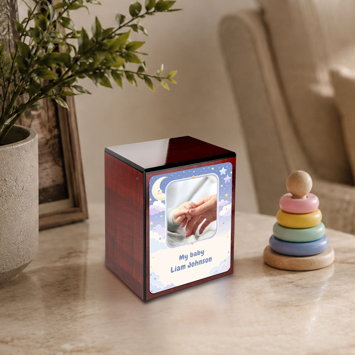 Custom Engraved Heritage Cherry Star and Moon Small Child Cremation Urn Memorial Box for Ashes