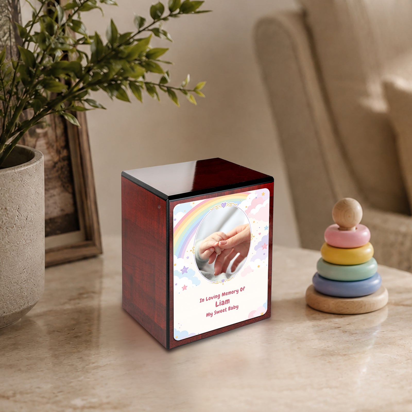 Custom Engraved Heritage Cherry Rainbow and Clouds Small Child Cremation Urn Memorial Box for Ashes