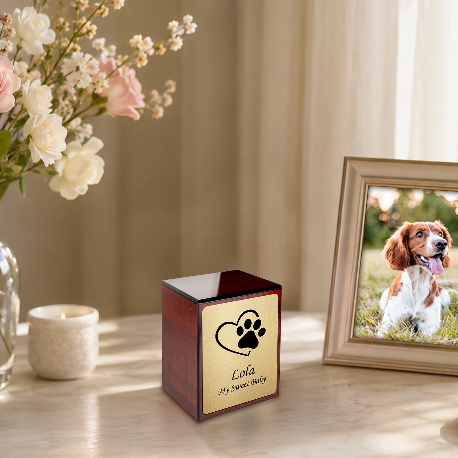 Custom Engraved Heritage Cherry Single Paw Small Pet Cremation Urn Memorial Box for Ashes