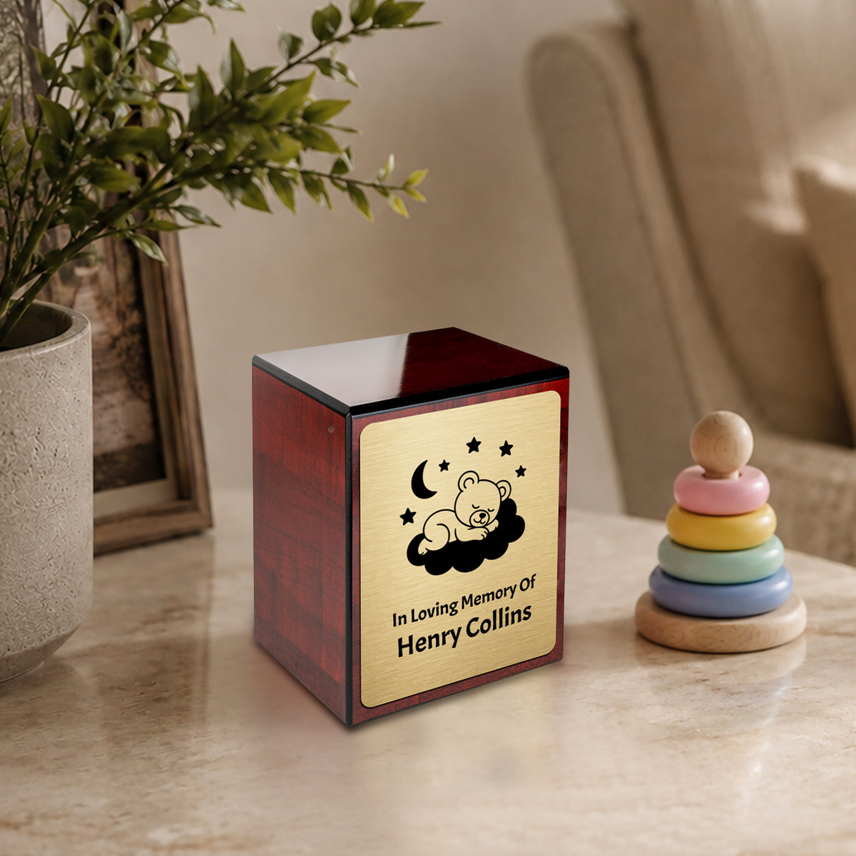 Custom Engraved Heritage Sleeping Teddy Cherry Small Cremation Urn Memorial Box for Ashes