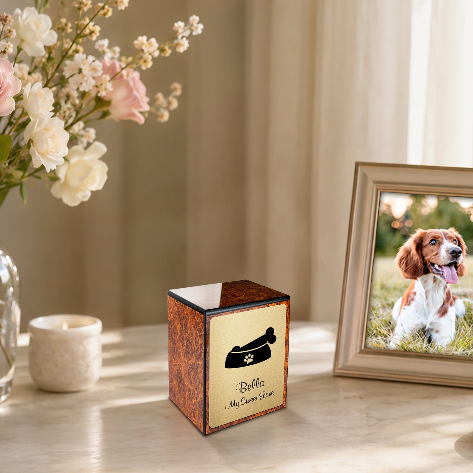 Custom Engraved Heritage Burl Dog Small Pet Cremation Urn Memorial Box for Ashes