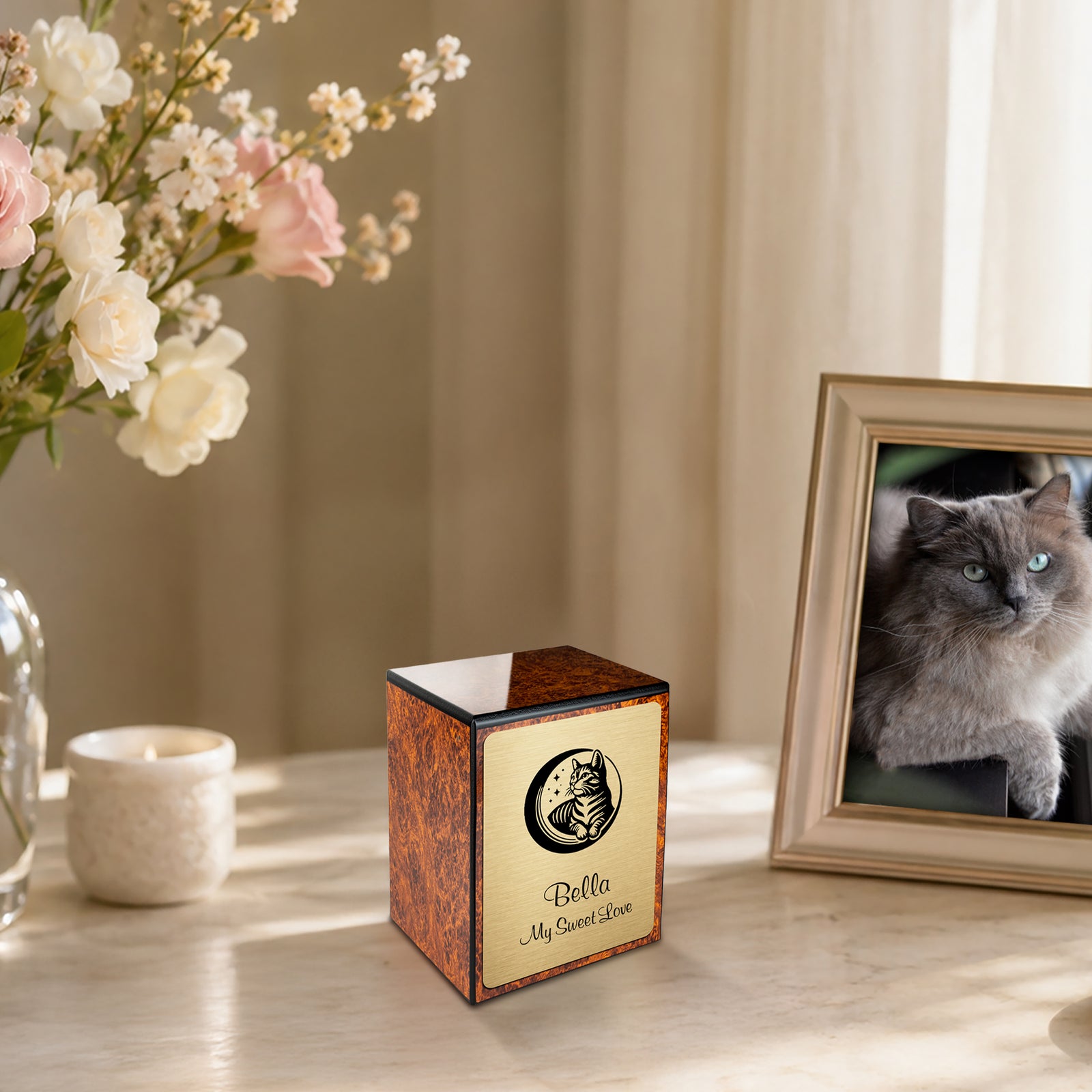 Custom Engraved Heritage Burl Cute Cat Small Pet Cremation Urn Memorial Box for Ashes