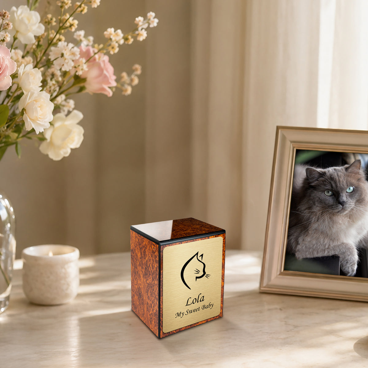 Custom Engraved Heritage Burl Cat Small Pet Cremation Urn Memorial Box for Ashes