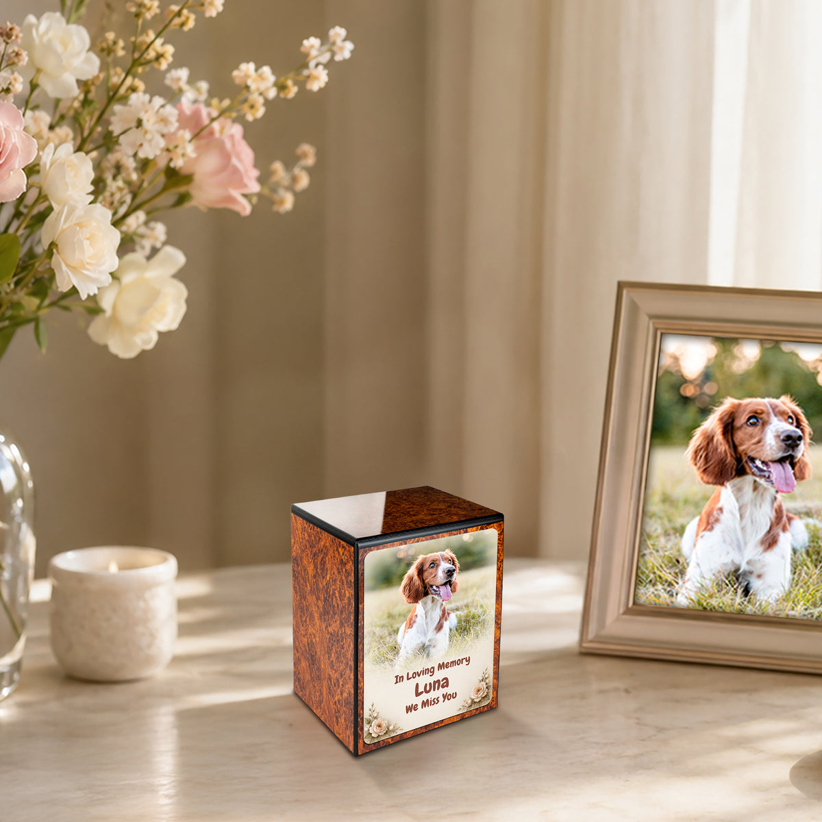 Custom Engraved Heritage Burl Pet Photo Small Cremation Urn Memorial Box for Ashes