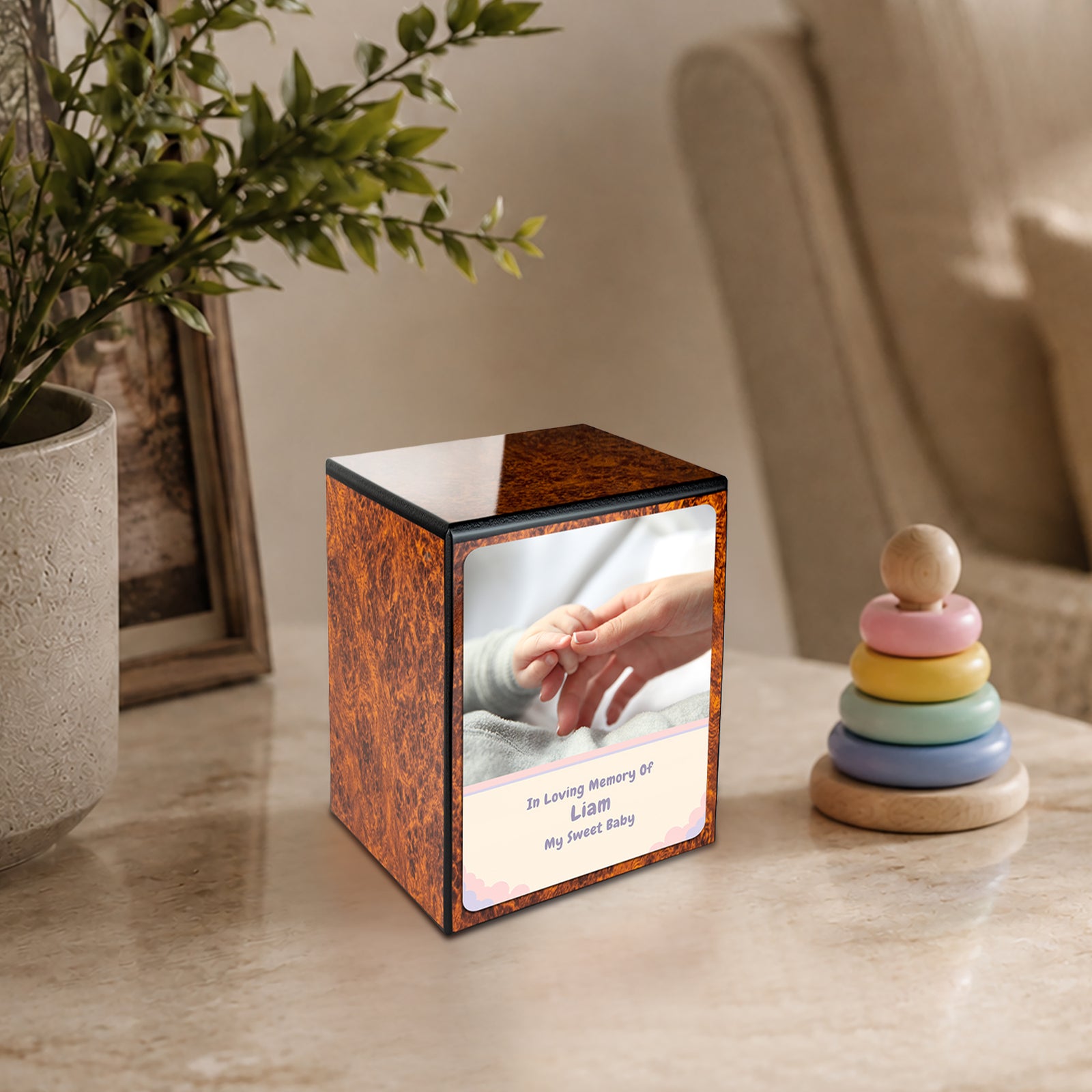 Custom Engraved Heritage Burl Photo Small Child Cremation Urn Memorial Box for Ashes