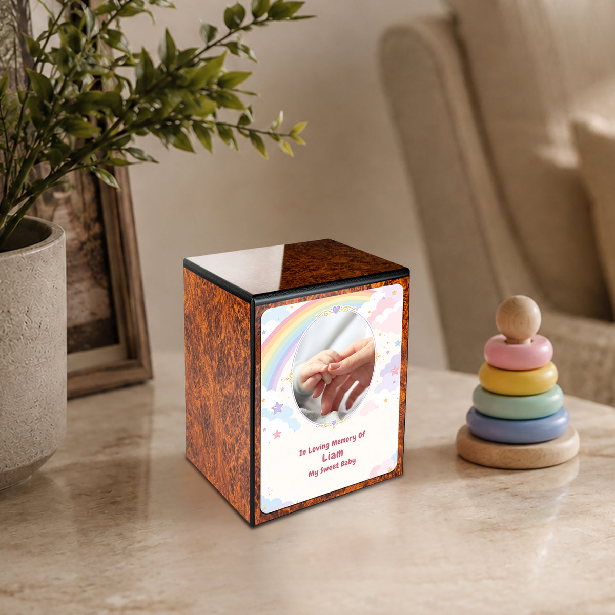 Custom Engraved Heritage Burl Rainbow and Clouds Small Child Cremation Urn Memorial Box for Ashes