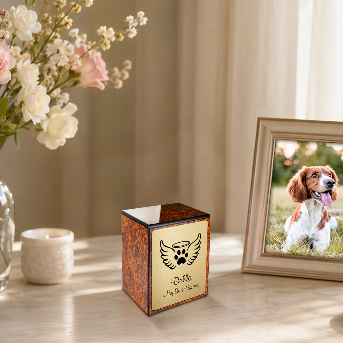 Custom Engraved Heritage Burl Angel Wings Small Pet Cremation Urn Memorial Box for Ashes
