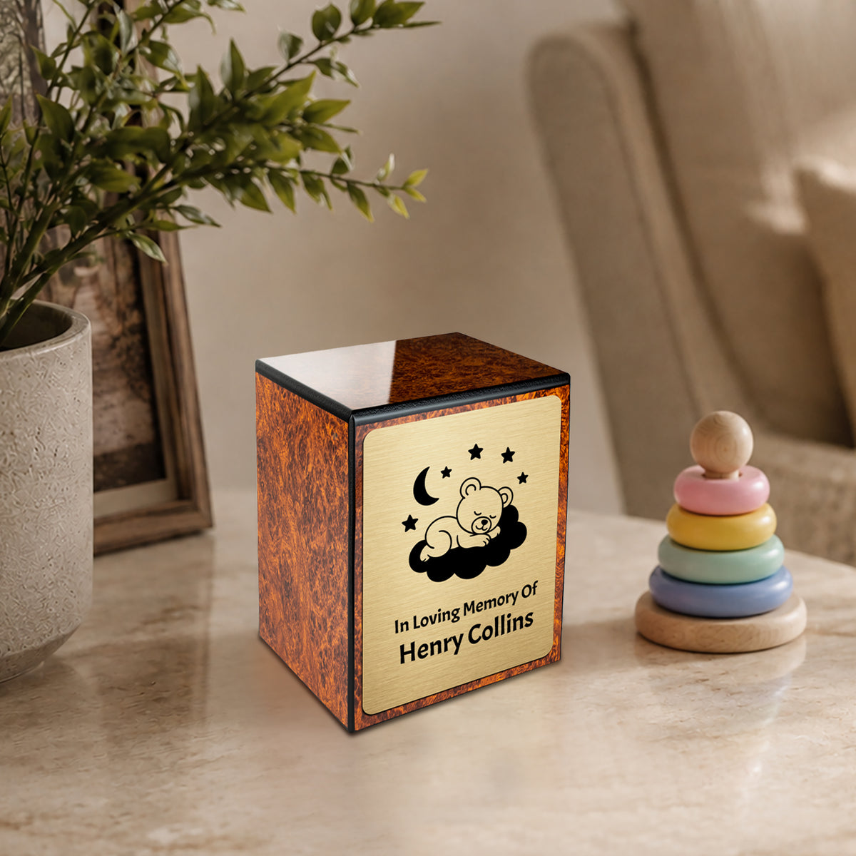 Custom Engraved Heritage Baby Sleeping Teddy Burl Small Cremation Urn Memorial Box for Ashes