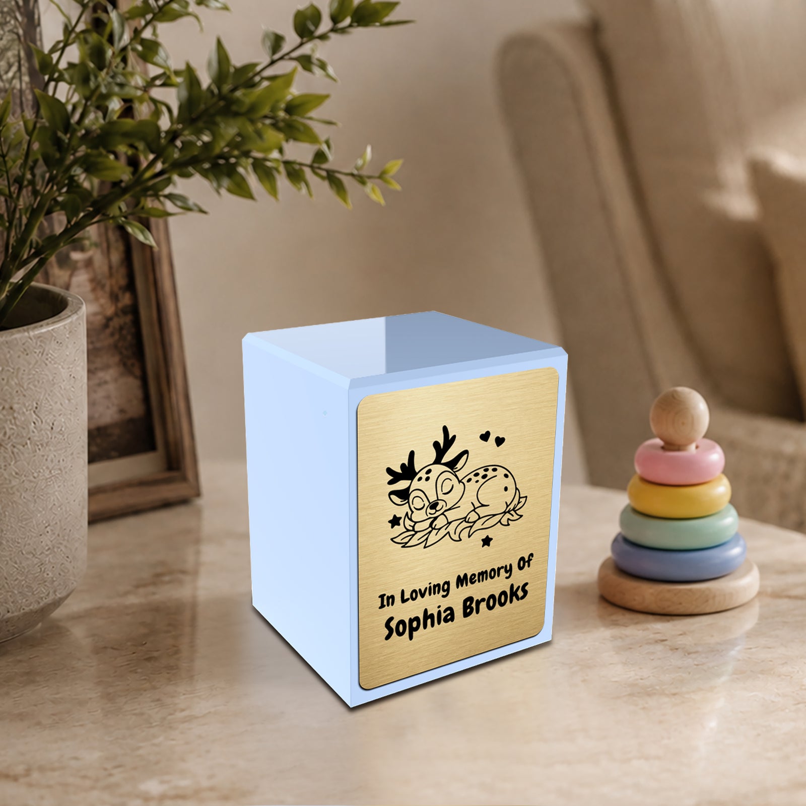 Custom Engraved Heritage Baby Deer Light Blue Small Cremation Urn Memorial Box for Ashes