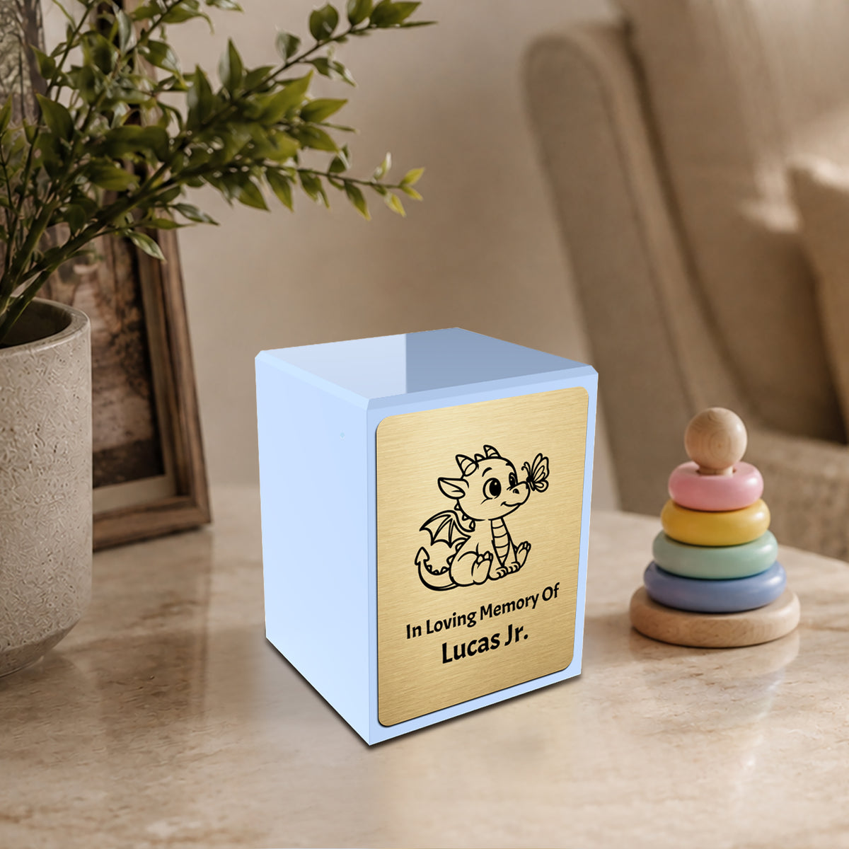 Custom Engraved Heritage Baby Dragon Light Blue Small Cremation Urn Memorial Box for Ashes