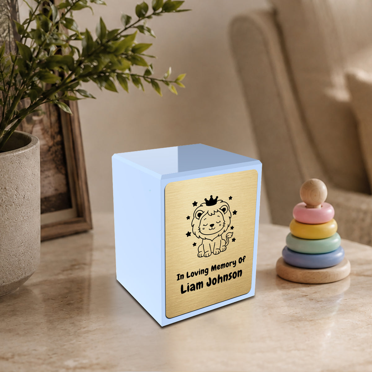Custom Engraved Heritage Baby Lion Light Blue Small Cremation Urn Memorial Box for Ashes