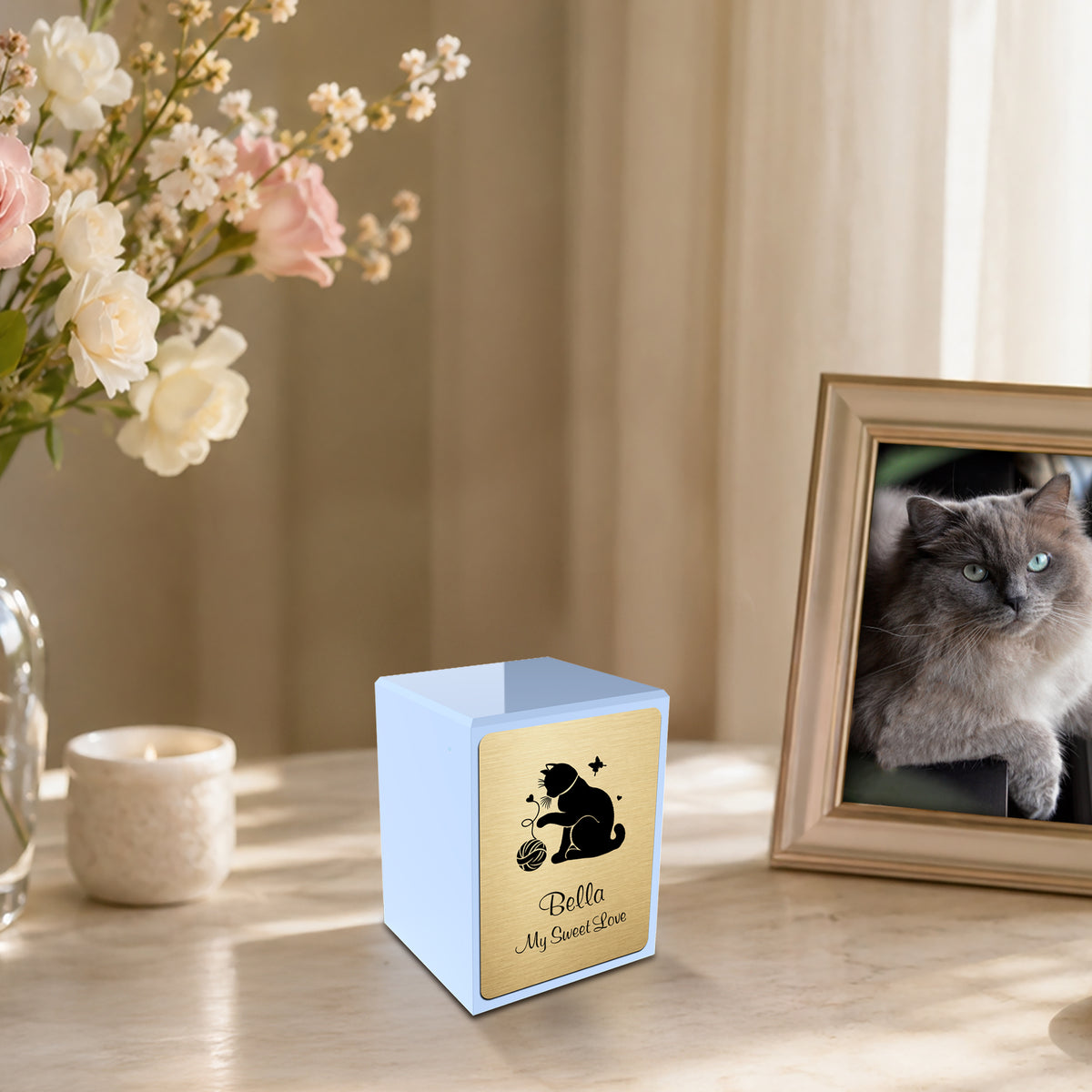 Custom Engraved Heritage Light Blue Fun Cat Small Pet Cremation Urn Memorial Box for Ashes