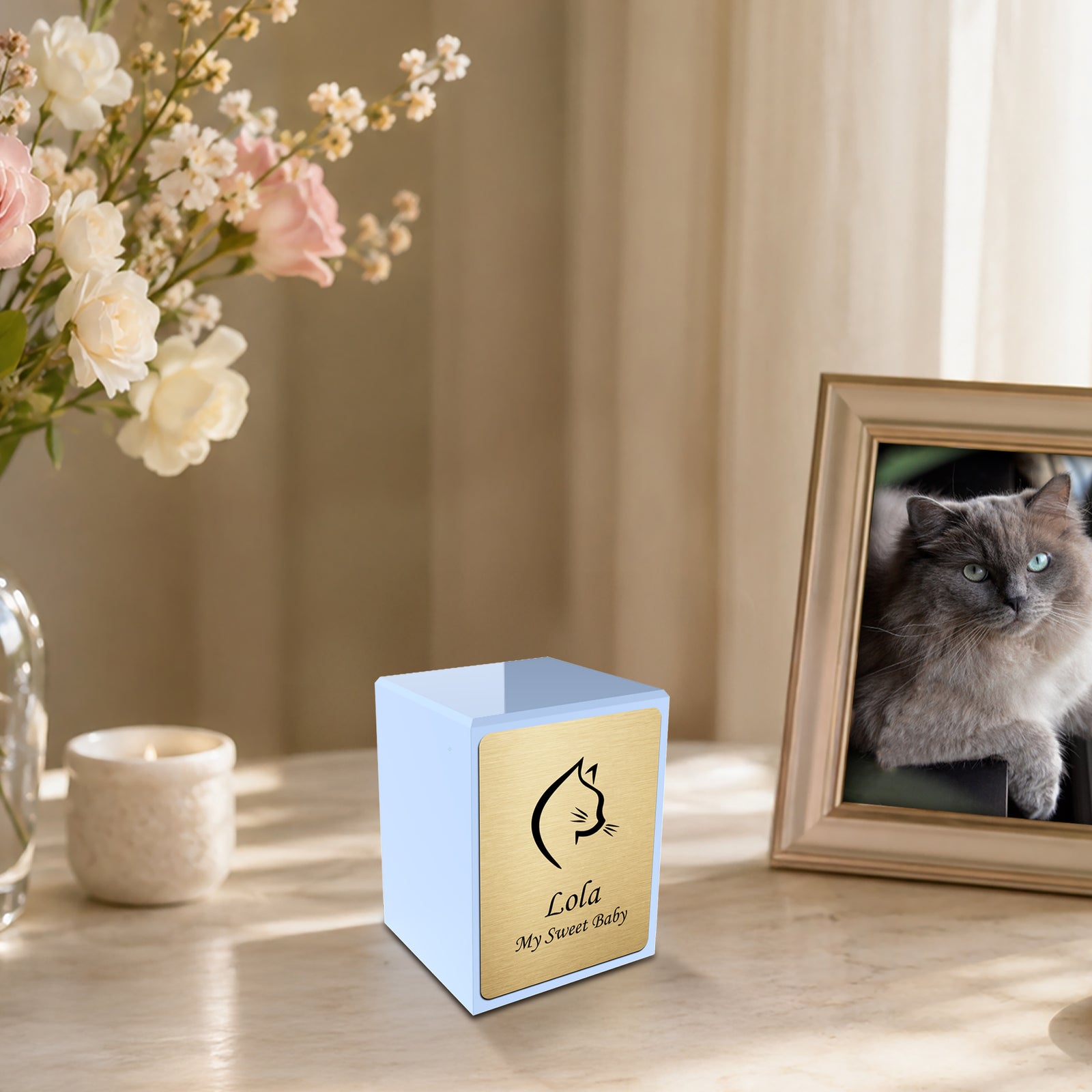 Custom Engraved Heritage Light Blue Cat Small Pet Cremation Urn Memorial Box for Ashes