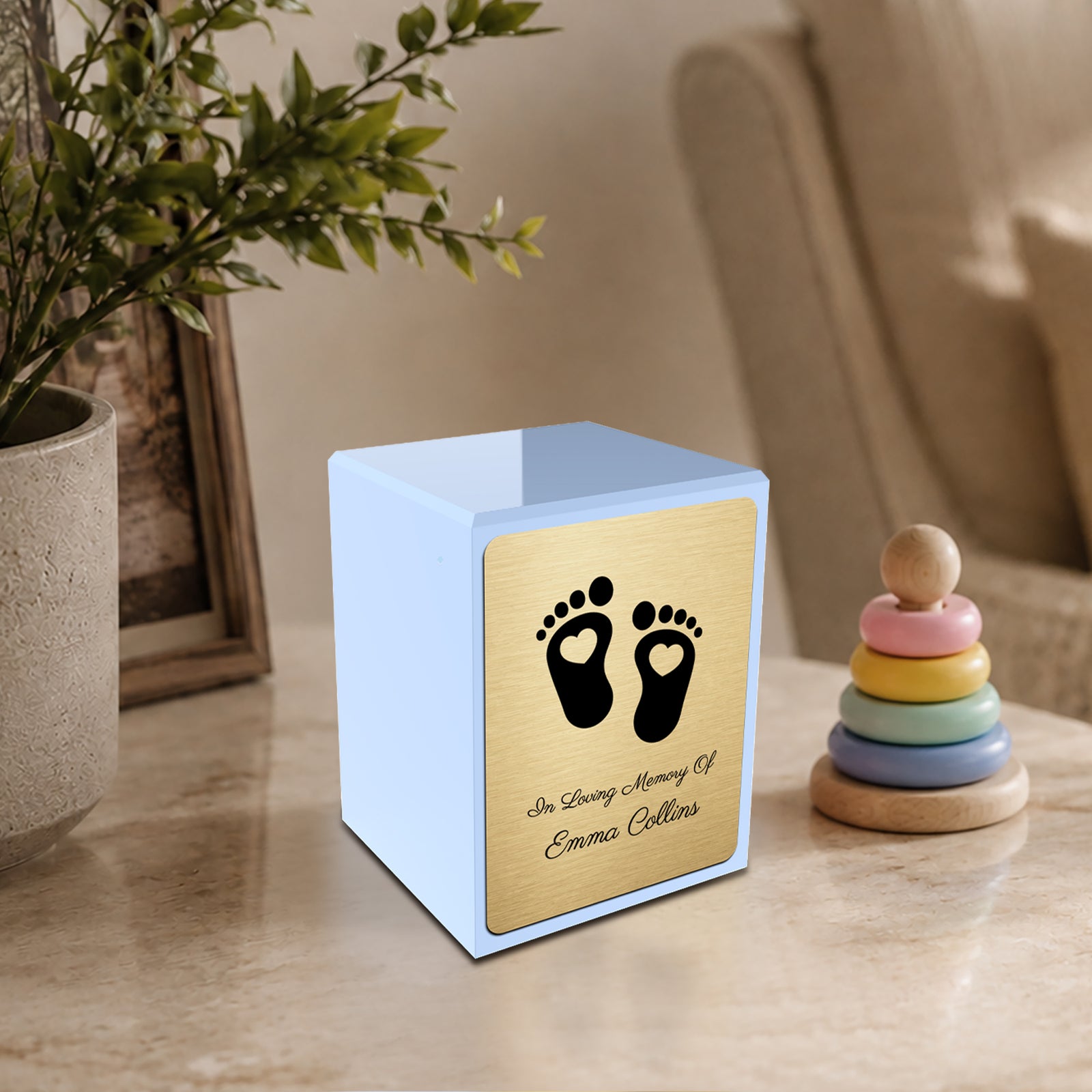 Custom Engraved Heritage Heart Feet Light Blue Small Cremation Urn Memorial Box for Ashes