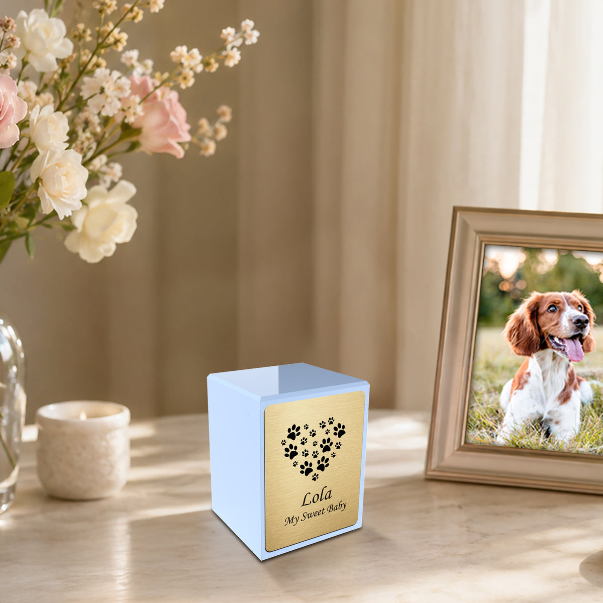 Custom Engraved Heritage Light Blue Heart Paws Small Pet Cremation Urn Memorial Box for Ashes