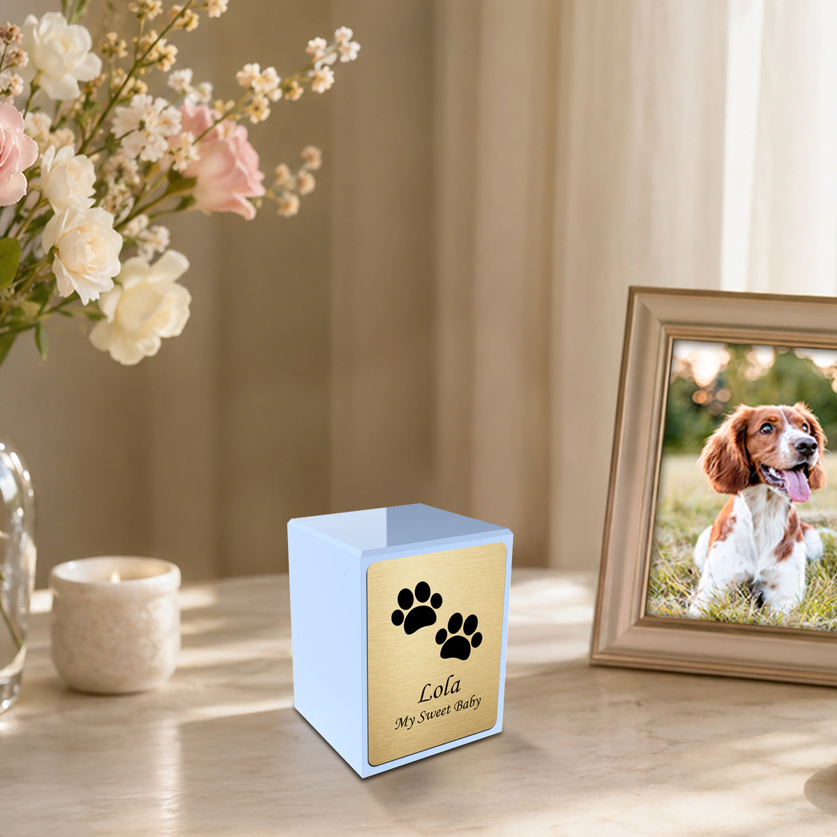 Custom Engraved Heritage Light Blue Walking Paws Small Pet Cremation Urn Memorial Box for Ashes