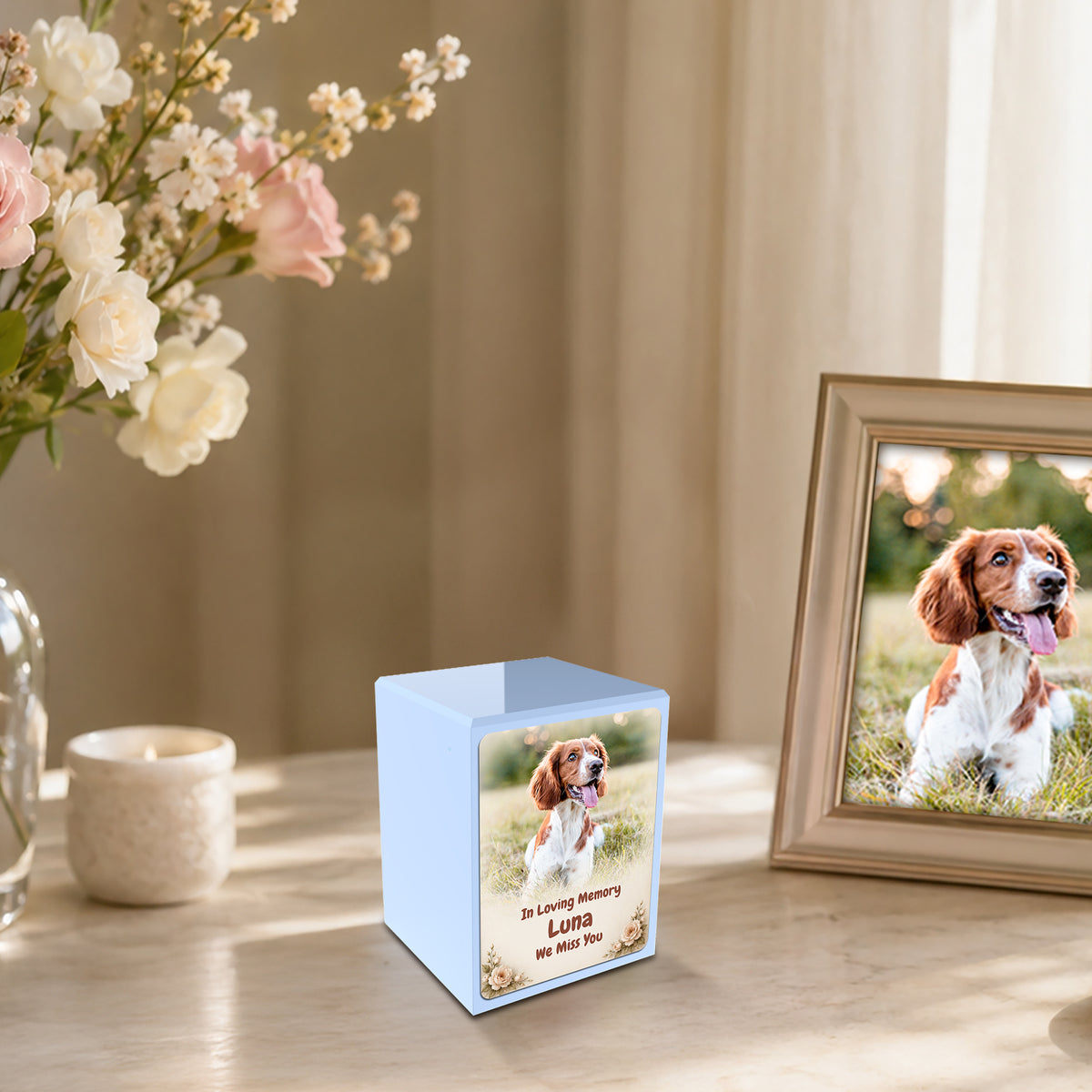 Custom Engraved Heritage Light Blue Pet Photo Small Cremation Urn Memorial Box for Ashes