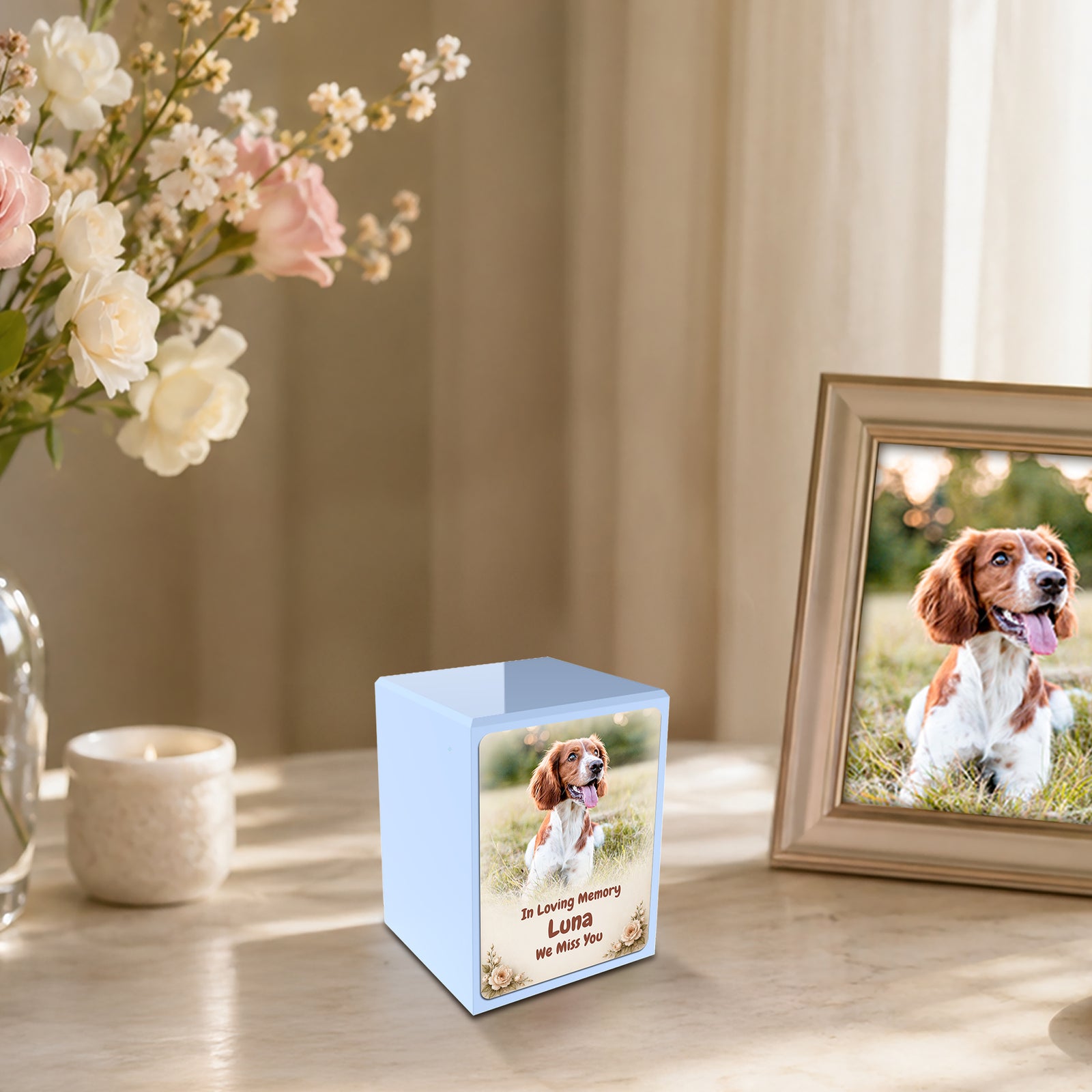 Custom Engraved Heritage Light Blue Pet Photo Small Cremation Urn Memorial Box for Ashes