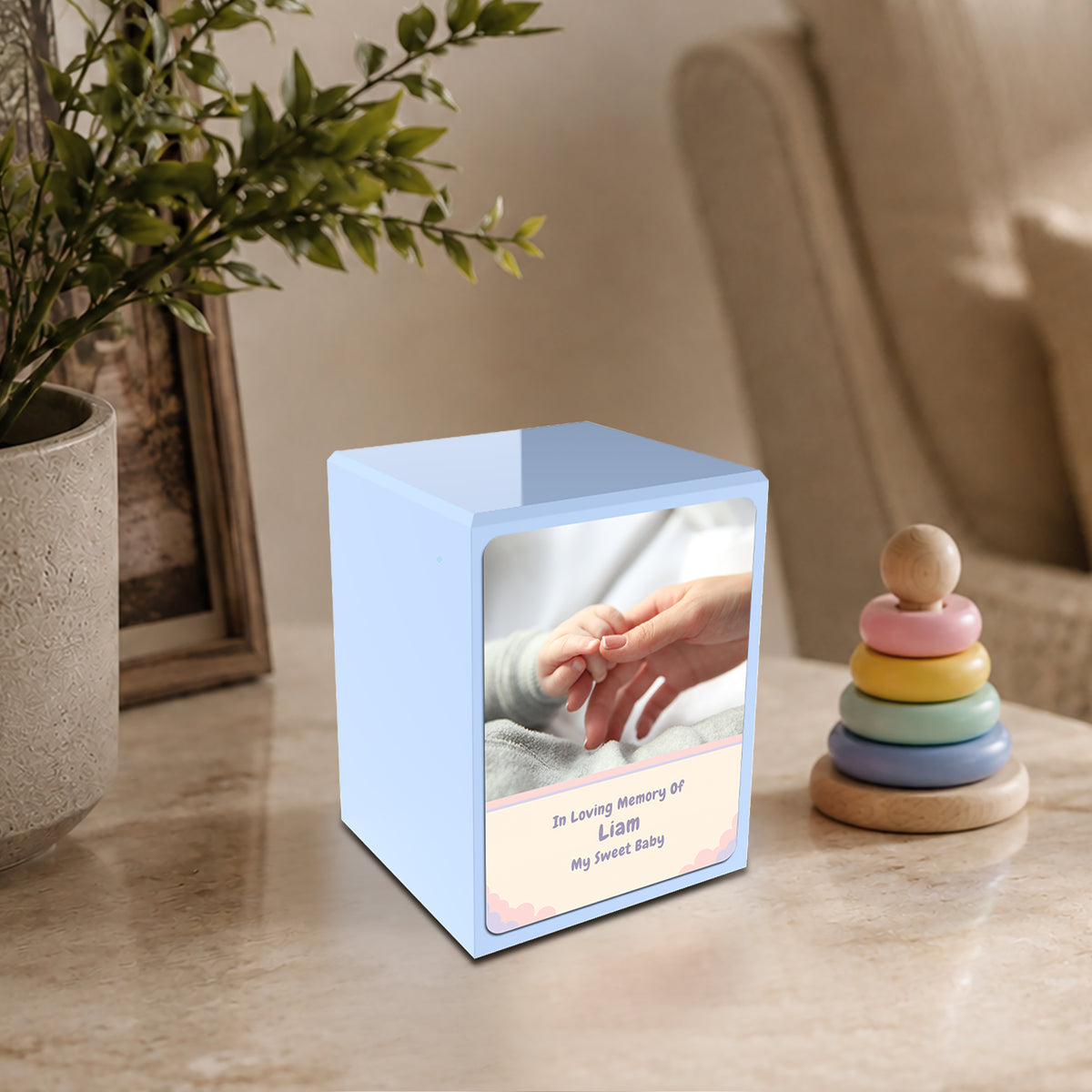 Custom Engraved Heritage Light Blue Photo Small Child Cremation Urn Memorial Box for Ashes