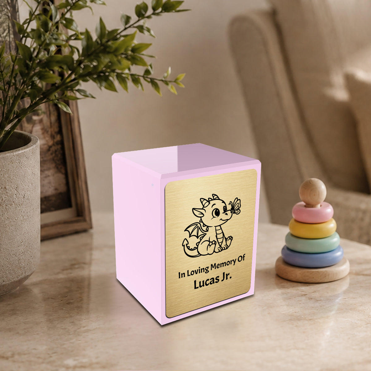 Custom Engraved Heritage Baby Dragon Light Pink Small Cremation Urn Memorial Box for Ashes