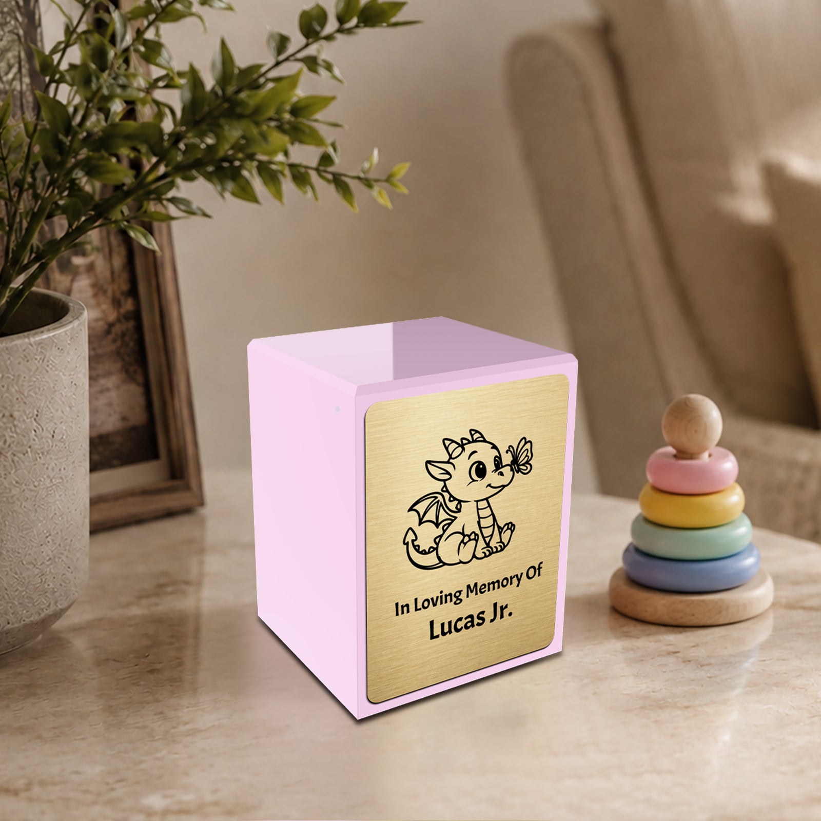 Custom Engraved Heritage Baby Dragon Light Pink Small Cremation Urn Memorial Box for Ashes