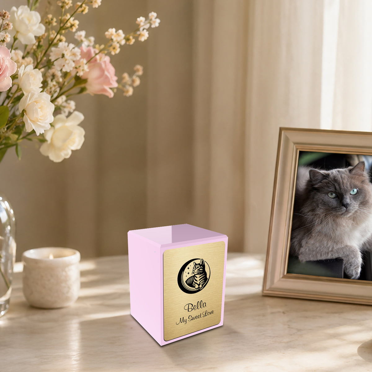 Custom Engraved Heritage Light Pink Cute Cat Small Pet Cremation Urn Memorial Box for Ashes
