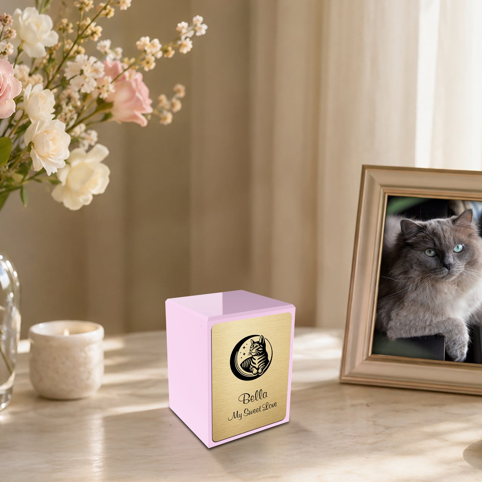 Custom Engraved Heritage Light Pink Cute Cat Small Pet Cremation Urn Memorial Box for Ashes