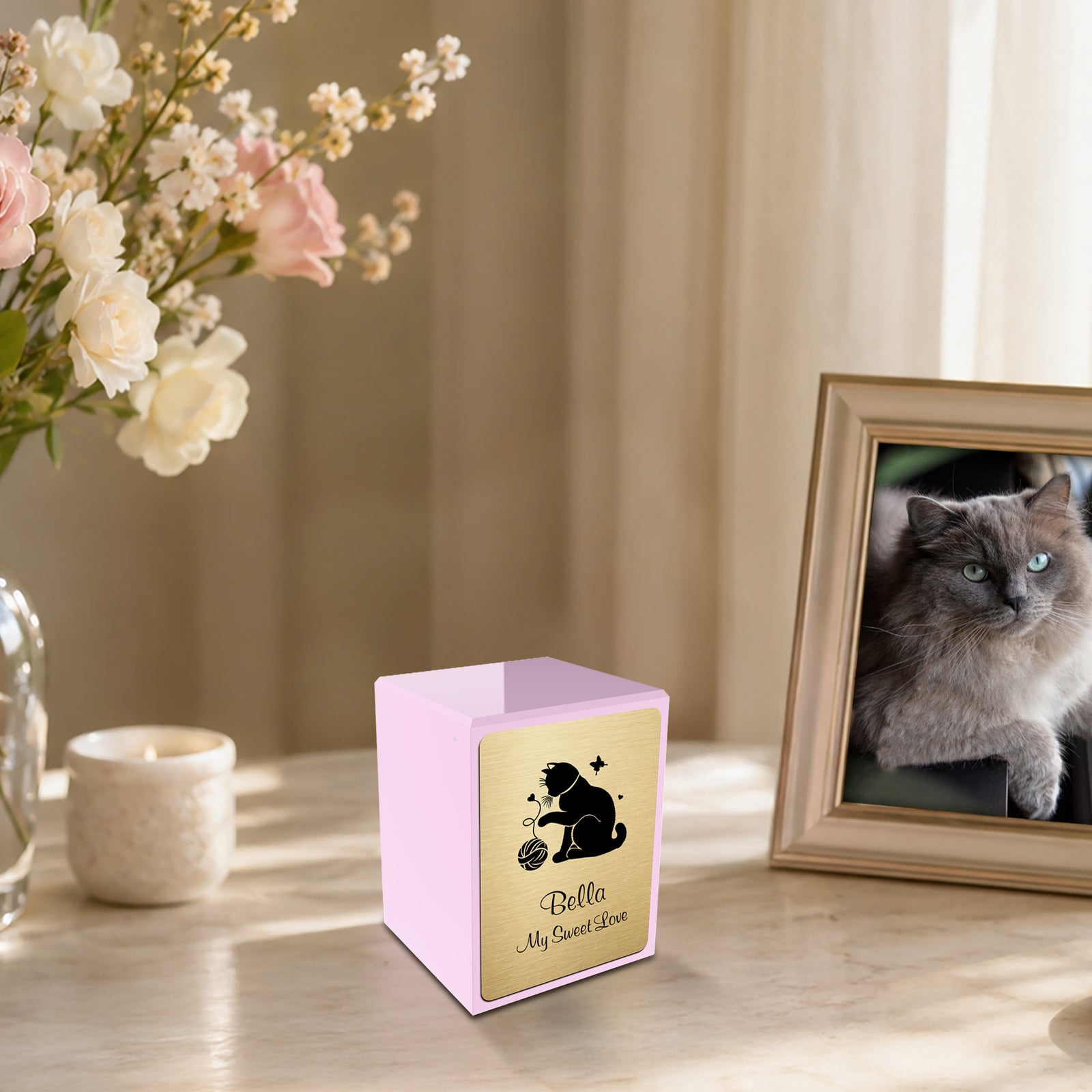 Custom Engraved Heritage Light Pink Fun Cat Small Pet Cremation Urn Memorial Box for Ashes