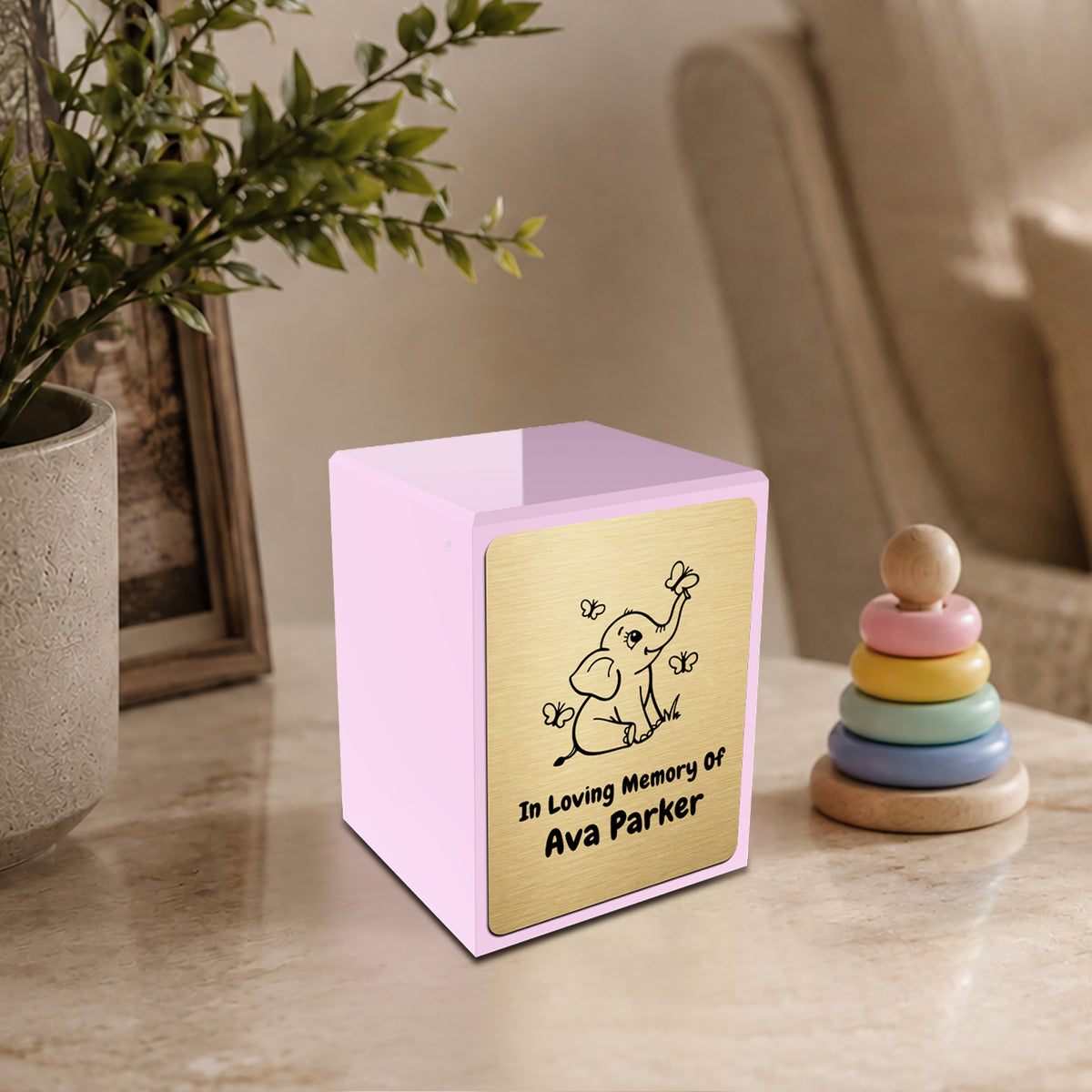 Custom Engraved Heritage Elephant Butterflies Light Pink Small Cremation Urn Memorial Box for Ashes