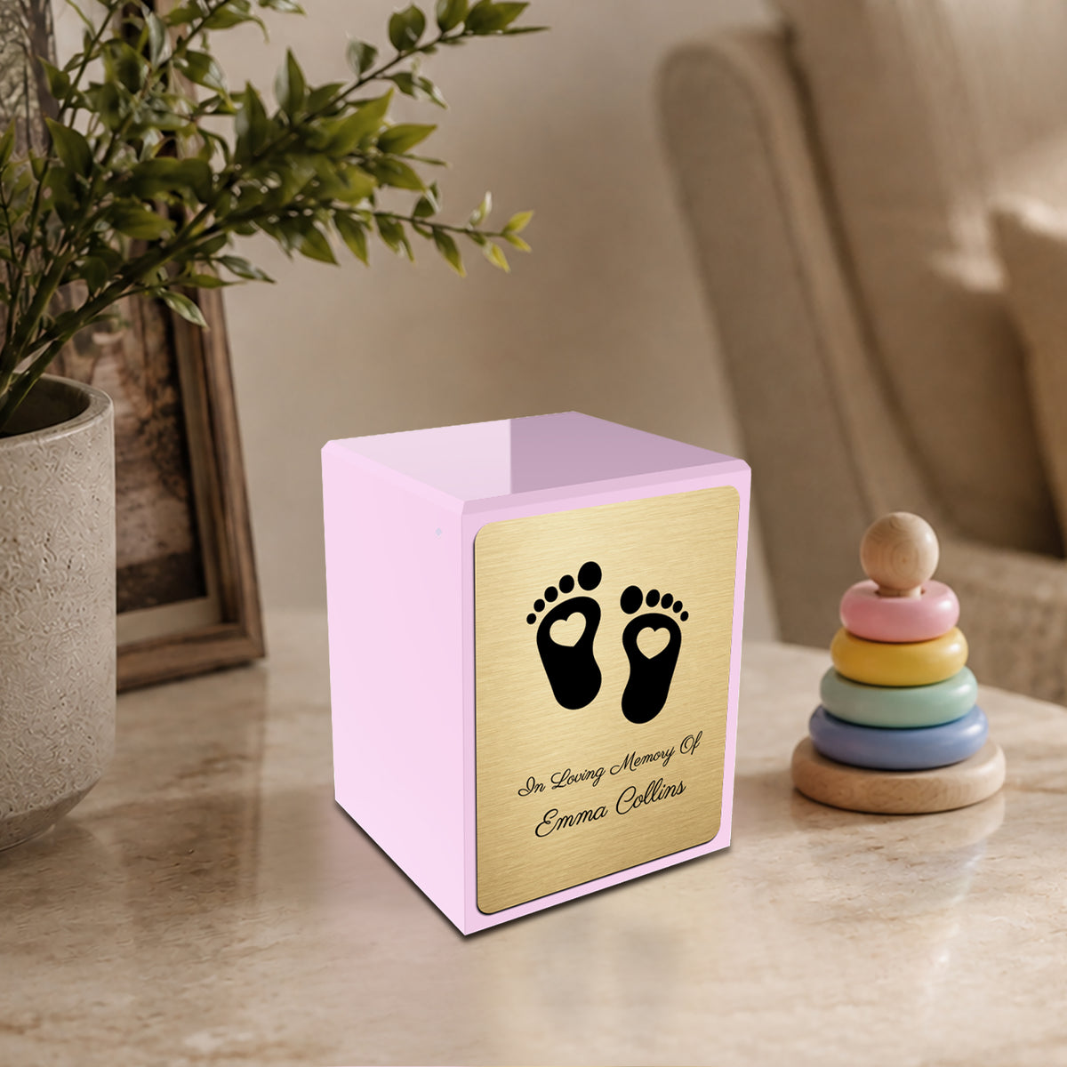 Custom Engraved Heritage Baby Heart Feet Light Pink Small Cremation Urn Memorial Box for Ashes