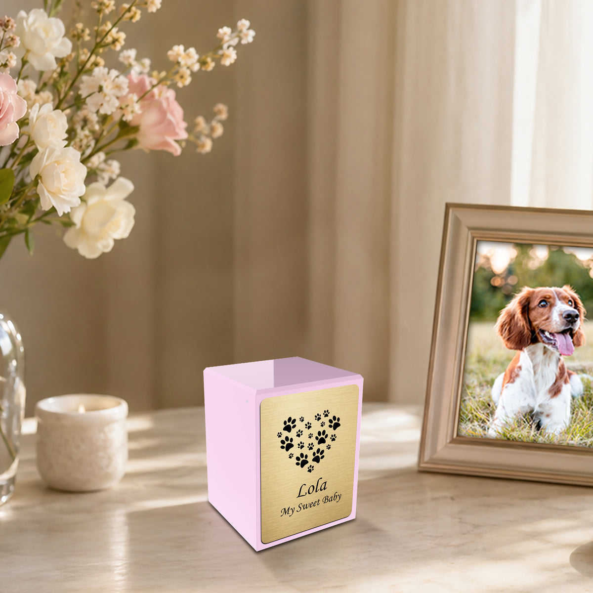 Custom Engraved Heritage Light Pink Heart Paws Small Pet Cremation Urn Memorial Box for Ashes