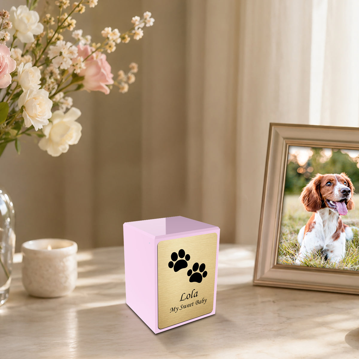 Custom Engraved Heritage Light Pink Walking Paws Small Pet Cremation Urn Memorial Box for Ashes
