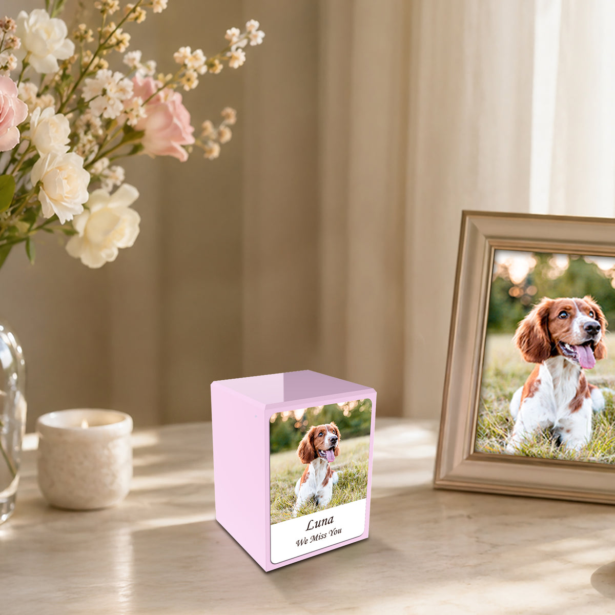 Custom Printed Portrait Small Heritage Light Pink Photo Wood Box Pet Cremation Urn for Ashes