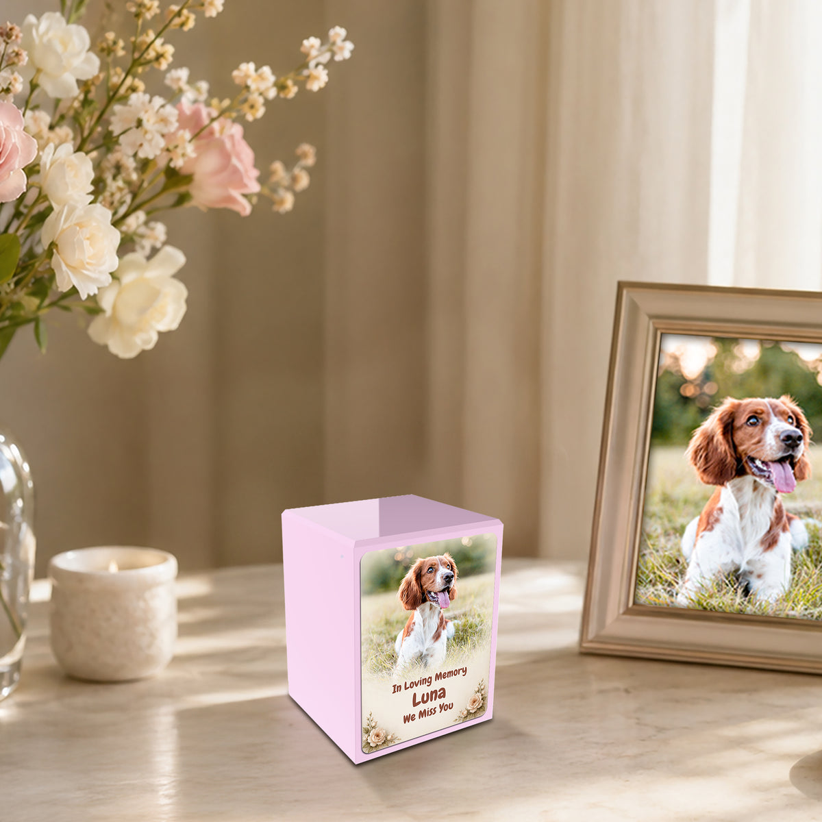 Custom Engraved Heritage Pet Photo Light Pink Small Cremation Urn Memorial Box for Ashes