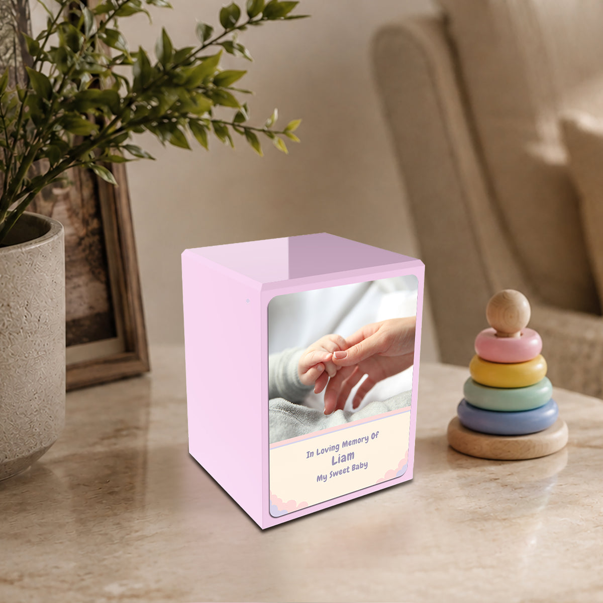 Custom Engraved Child Heritage Light Pink Photo Small Cremation Urn Memorial Box for Ashes