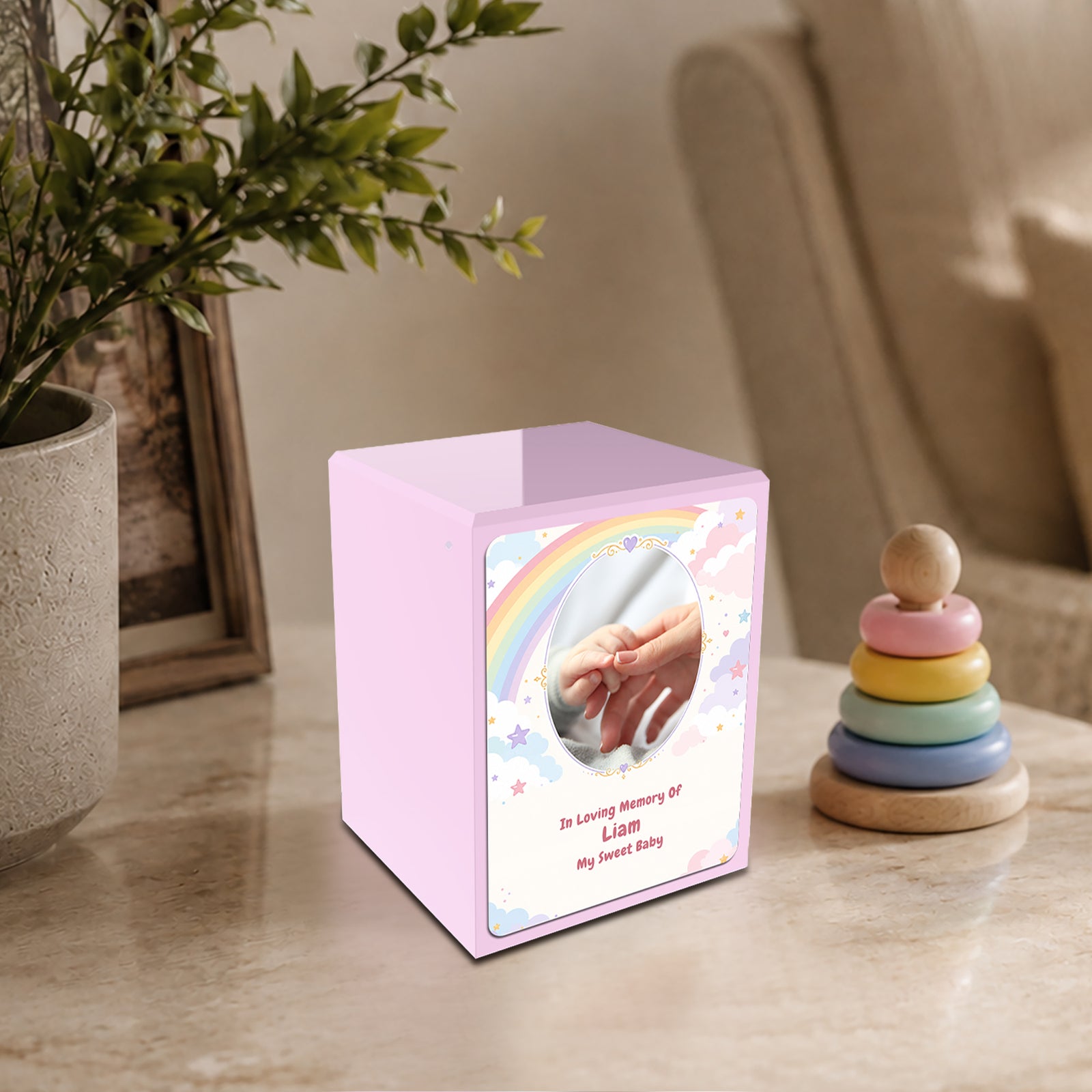 Custom Engraved Child Heritage Light Pink Rainbow and Clouds Small Cremation Urn Memorial Box for Ashes