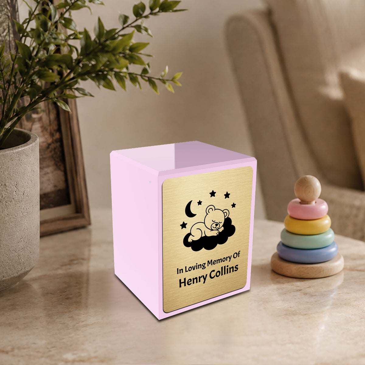 Custom Engraved Heritage Baby Sleeping Teddy Light Pink Small Cremation Urn Memorial Box for Ashes