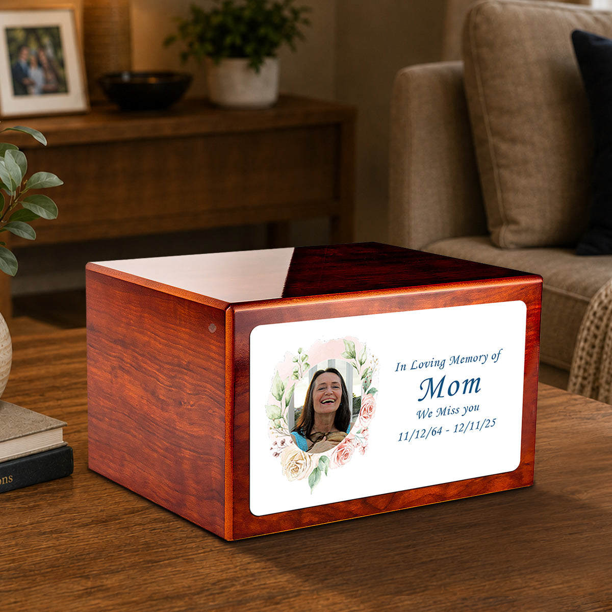 Custom Printed Heritage Rosewood Photo Frame Wood Box Cremation Urn