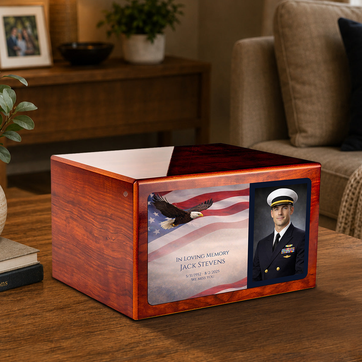 Custom Printed Heritage Rosewood Photo American Glory Wood Box Cremation Urn
