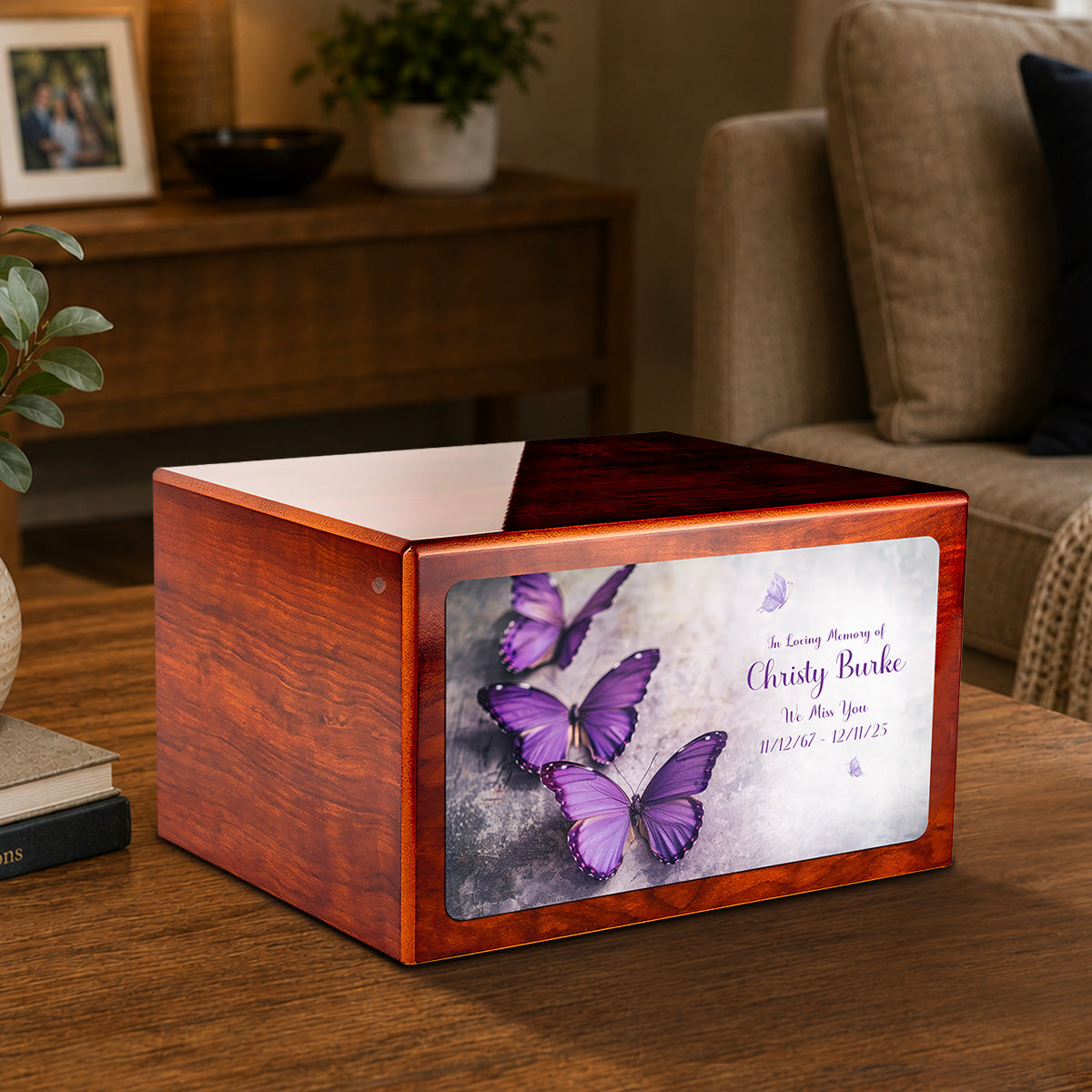 Custom Printed Heritage Rosewood Butterflies Wood Box Cremation Urn